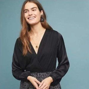 Anthropologie Black Draped V-Neck Top Satin Long Sleeve Faux Wrap Blouse Sz S